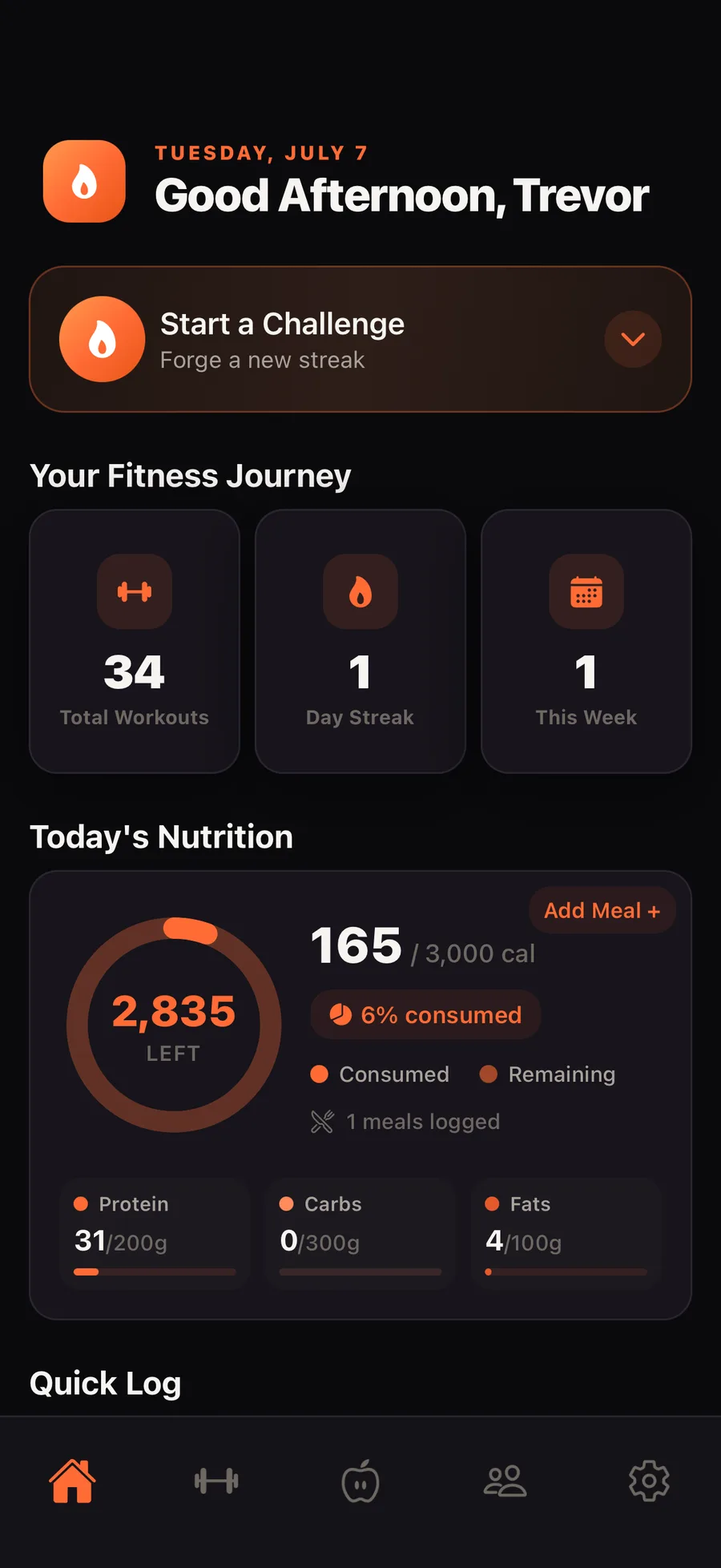FORGE home screen: the day's challenge, streak, and nutrition