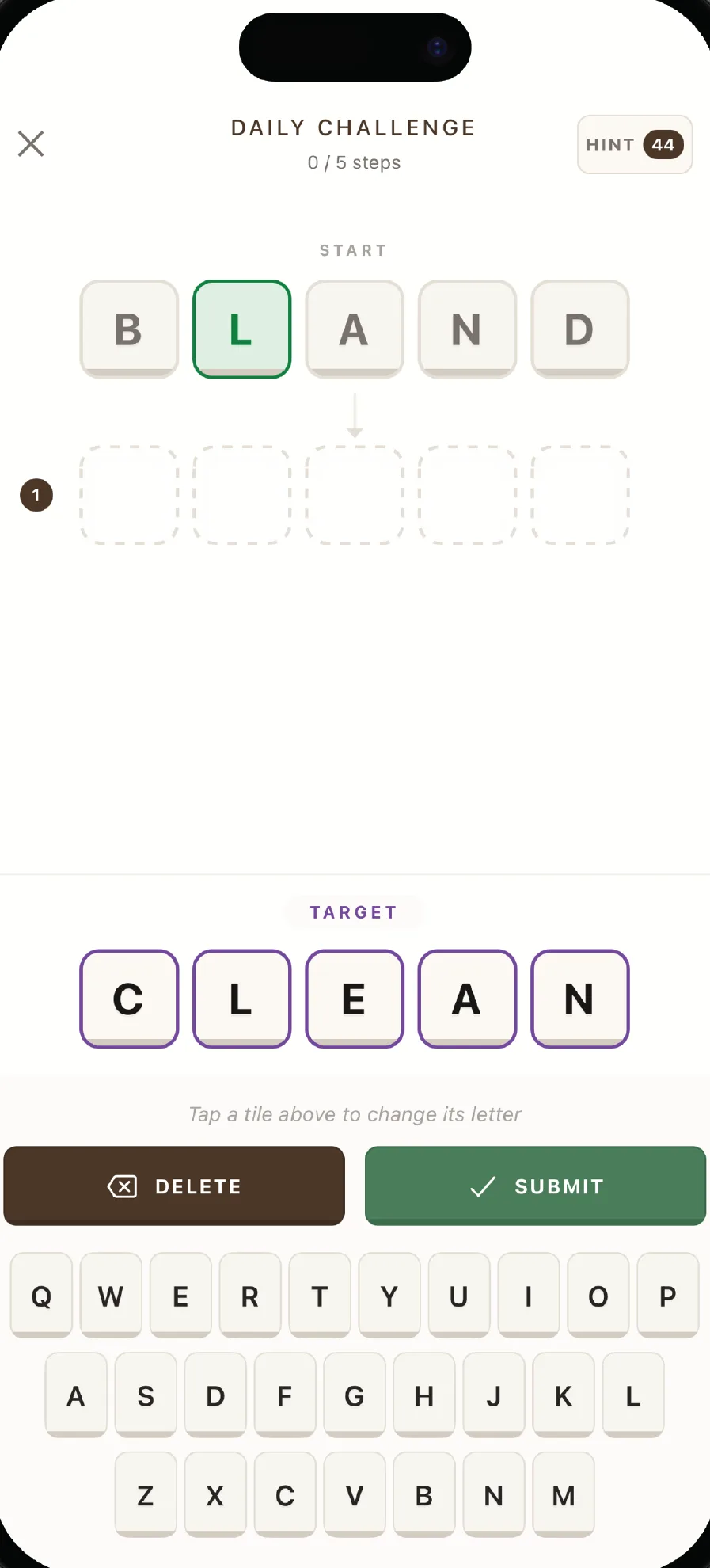 Linkt daily challenge: BLAND to CLEAN in five steps