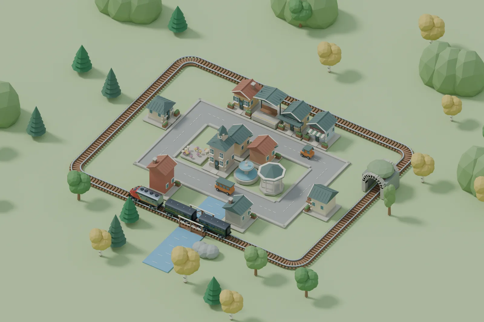Blender render of the actual Little Railway starter village, tracks, and locomotive models
