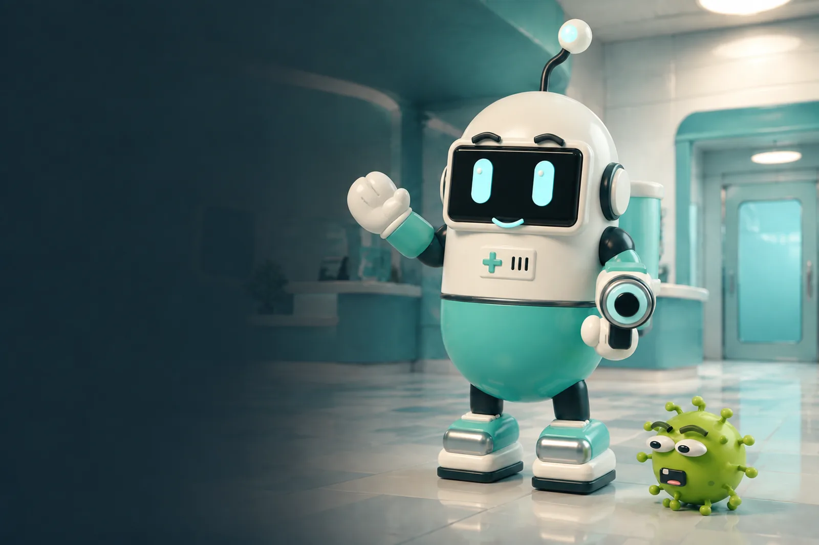 MEND-0 waving beside a green bacterium in a softly lit hospital lobby