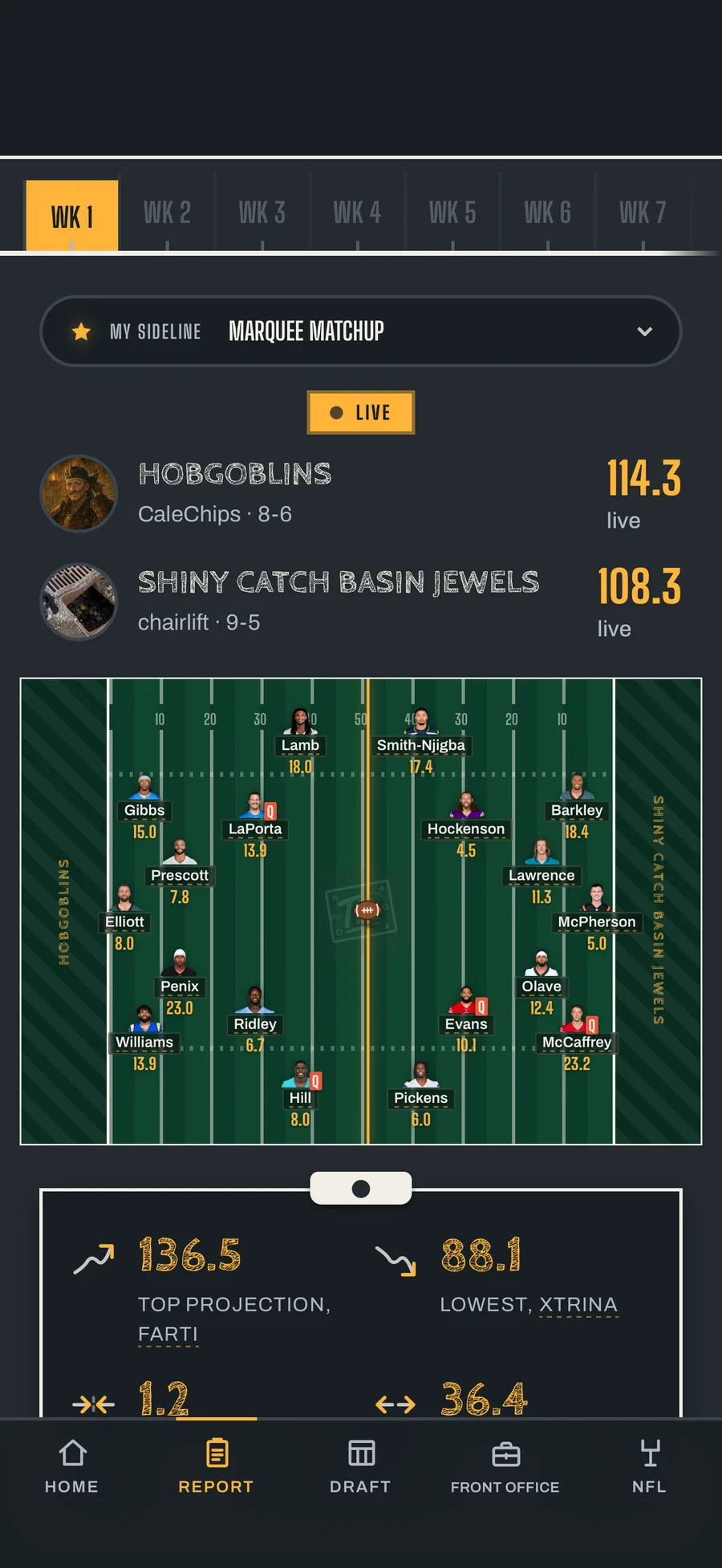 The Tuesday Report on iPhone: a live matchup drawn on the football field